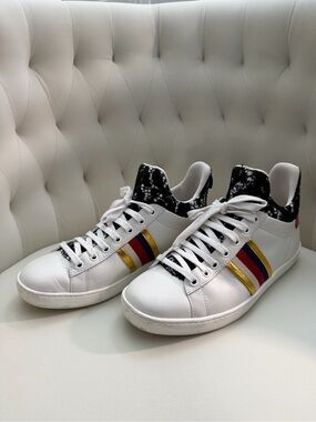 Gucci White Sneakers with Red, Blue & Gold Stripes